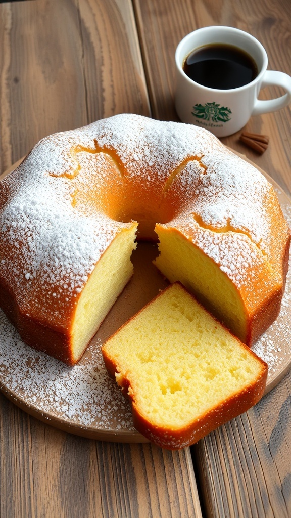 German Butter Sugar Cake with Yeast Golden brown German Butter Sugar Cake dusted with powdered sugar, served with coffee.